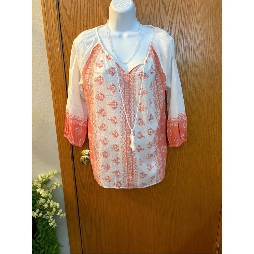 Indigo Coral and White Boho Embroidered Peasant Blouse